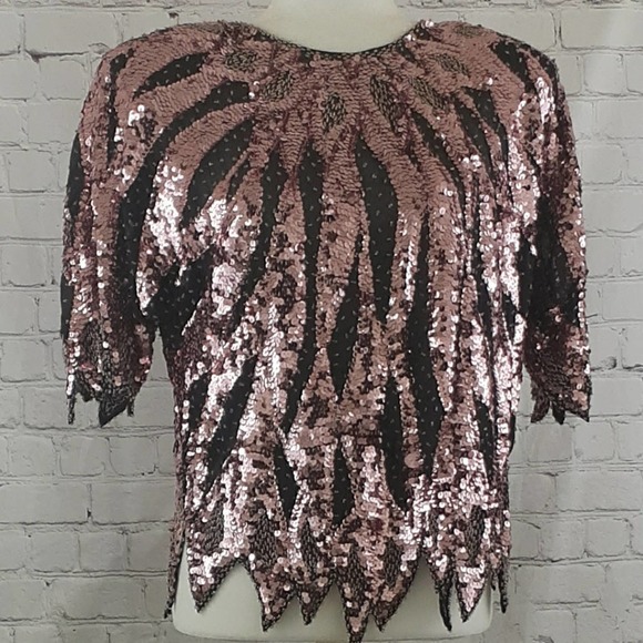 IRIS Sequined Beaded Sheer Pink Black Vintage Slip On Blouse Size Small - Picture 1 of 10
